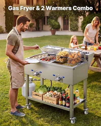 VEVOR Outdoor Propane Deep Fryer, 2 Burners (11,600 BTU Each), Commercial Fryer with Two 1/3 Size Food Warming Pans, Multi-Purpose Frying Cart with 4 Lockable Wheels, for Fried Chicken & Fries - Image 2
