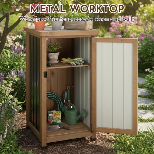 Ketive Outdoor Storage Cabinet with Metal Worktop, Small Garden Storage Cabinet with Adjustable Shelf, Weather-Resistant Fir Wood Tool Organizer for Patio, Backyard, Porch or Balcony - Image 2