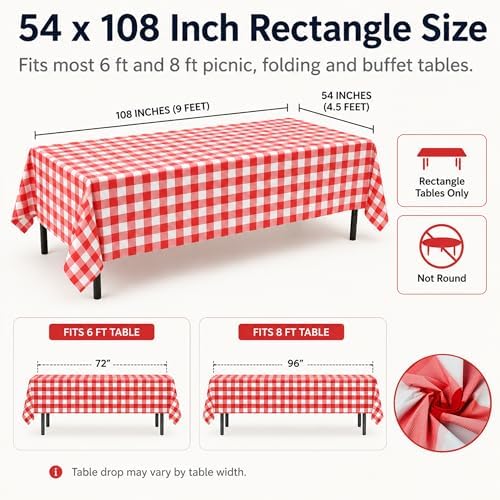 Disposable Plastic Tablecloths 8 Pack, Red Gingham 54 x 108 Inch - Image 3