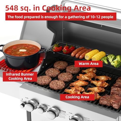 Veralune 4 Burner Gas Grill with Infrared Side Burner, Side Shelves, Wheels - Image 3
