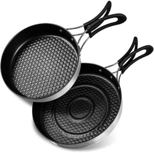 REDCAMP 2Pcs Nonstick Frying Pan Set, Stainless Steel Camping Skillet with Foldable Handle for Easy Storage, Lightweight Portable Cooking Pan for Egg Steak Outdoor Kitchen Backpacking by REDCAMP