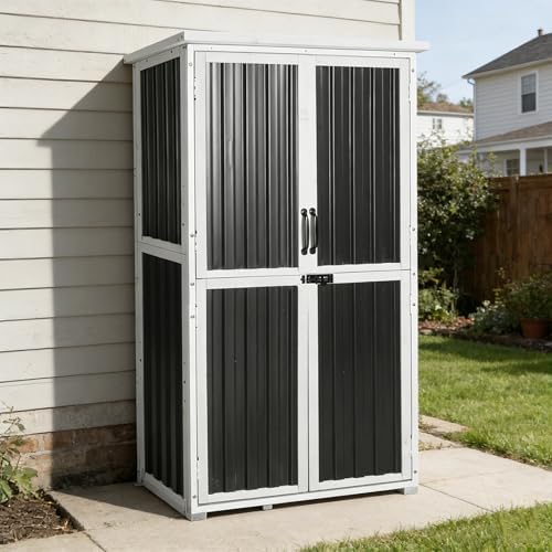 GUTINNEEN Outdoor Tool Cabinet, Heavy Duty Wood & Metal Frame Garden Storage Shed, Rustproof & Anti-Breakage for Tools & Equipment (Dark Black) by GUTINNEEN