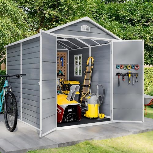 Gizoon 8x6 FT Outdoor Plastic Shed, Resin with Floor, Lockable Doors, Gray by Gizoon