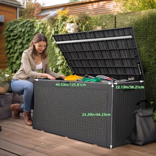 120 Gallon Outdoor Deck Box, Lockable Waterproof Outdoor Storage Boxes For Garden Tools,Indoor Cushions,Accessories Outside Storage Resin Weatherproof Container(Black) - Image 2