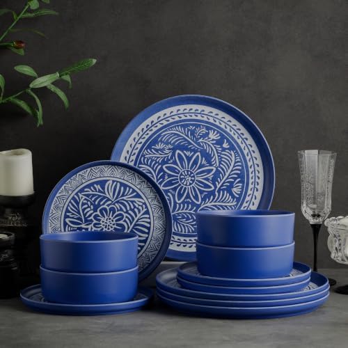 MissYip Melamine Dinnerware Set, 12 Piece for 4, Thicker Sturdy Indoor and Outdoor Use Tableware, Durable Plastic Plates and Bowls set, BPA Free, Dishwasher Top Safe, Not Microwave, Not Oven(Blue) - Image 7
