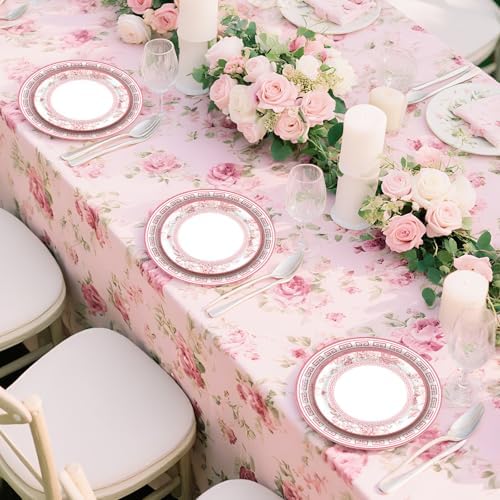 Pink White Floral Paper Plates and Napkins Party Supplies Serve 60 - Image 5