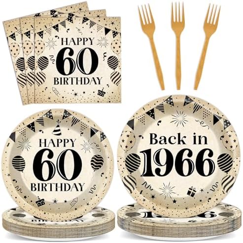 96Pcs 60th Birthday Party Paper Plates and Napkins for Back in 1966 Themed Party Supplies Vintage 60 Year Old Dessert Plates 60th Tableware for Men Women Birthday Gatherings Decorations by Oitnlaughter