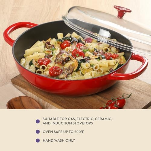 Crock Pot Artisan 5-Quart Enameled Cast Iron Braiser Pan With Oven Safe Borosilicate Glass Lid, Everyday Covered Skillet for Searing, Roasting, and Baking, Red - Image 4