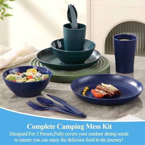 Camping Mess Kit for 2 with Bowl, Plate, Cup, Spoon, Fork, Knife and Carry Bag, Plastic Camping Accessories Essentials Gear for Couple Travel, Picnic, Outdoor, Easy to Carry - Image 3
