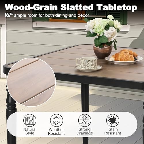 NUU GARDEN Outdoor 37” Square Metal Dining Table, Patio Dining Table with Umbrella Hole, Powder-Coated Metal Table with Faux Wood Tabletop, for Patio, Garden, Backyard and Balcony, Black - Image 6