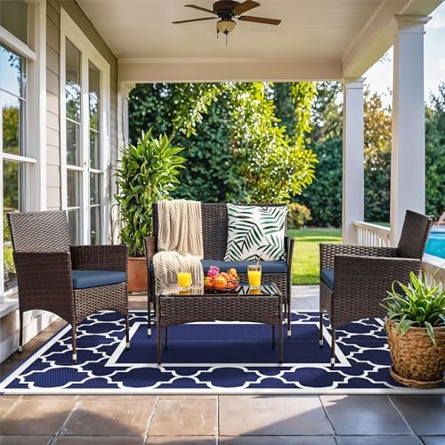 GENIMO Outdoor Rug, Waterproof Plastic Rugs for Patio, 5'x8' Blue White - Image 2