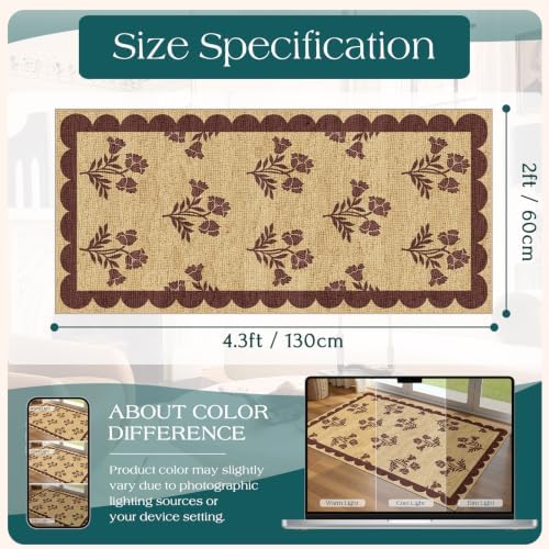 Front Door Mat Indoor Entrance - 2x4.3 Ft Burgundy Floral Washable Layered Doormat Outdoor Entrance Porch Rug Non-Slip Neutral Country Jute-Look Runner Rug for Mudroom Laundry Room Porch Decor - Image 2