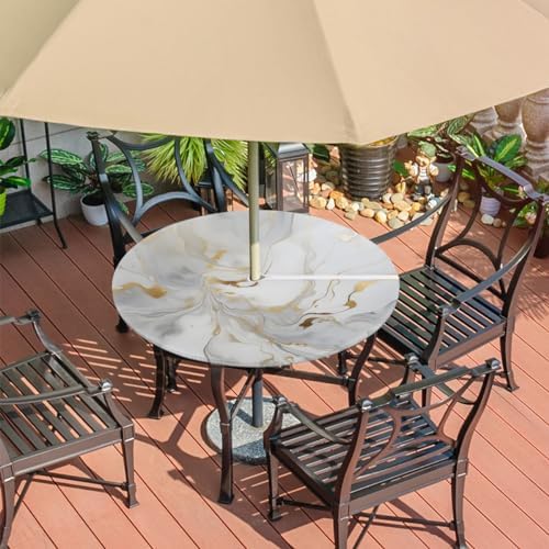 Fitted Round Tablecloth with Umbrella Hole and Zipper Marble Liquid Texture Outdoor Elastic Table Cloth 45"-56" Oil-Proof Waterproof White Gold Marble Patio Table Cover for Party Outdoor - Image 7