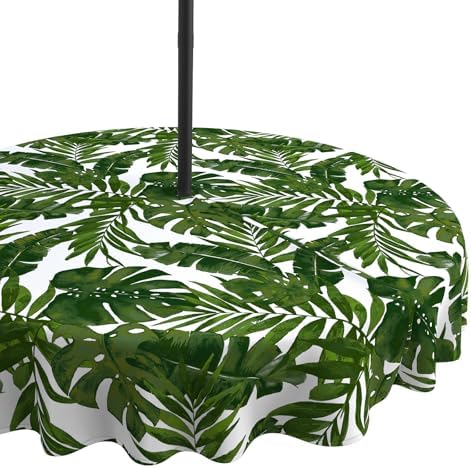 LVTXIII Outdoor Tablecloth with Umbrella Hole and Zipper, 60 Inch Water-Repellent Patio Table Cloth, Round Table Covers for Backyard Garden, Palm Green by LVTXIII