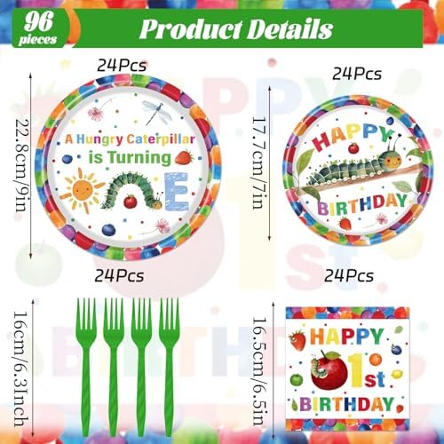 Gameza Caterpillar 1st Birthday Party Decorations, 96PCS Green Caterpillar Theme Disposable Paper Plates and Napkins Tableware Decorations, A Hungry Green Insect Is Turning One Forks Decor Serve 24 - Image 2