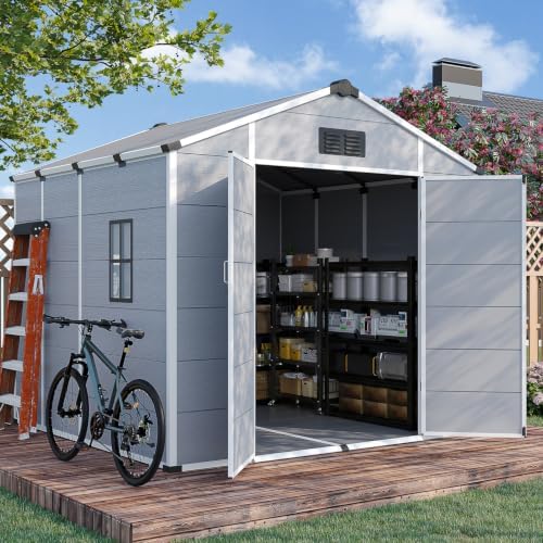 8 x 8 FT Plastic Outdoor Storage Shed with Floor, Resin Garden Shed by DNYKER