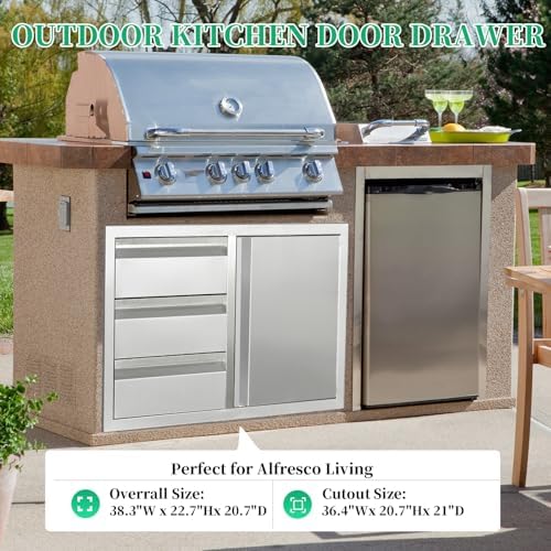 Outdoor Kitchen Door Drawer Combo Cabinet with BBQ Access and Triple Drawers for Outdoor Kitchen Island, Dimensions 38.1"" W x 22.6"" H x 20.8" (Drawer and Right Door Combo) - Image 3