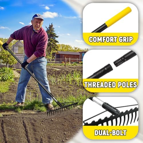 Bow Rake, 68-Inch Adjustable Handle Garden Rake with 17 Steel Tines, Heavy Duty Dual-Sided Metal Rake Landscape Gardening Tool for Soil Loosening Lawn Yard Leaves Mulch Thatch Removing - Image 5