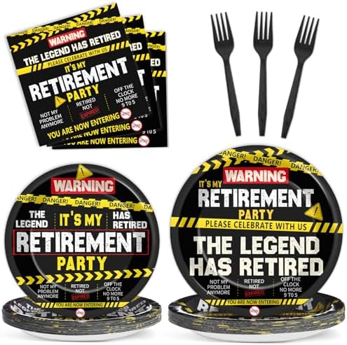 96PCS Retirement Party Plates and Napkins Retirement Party Supplies for Men Women Warning Caution Logos Disposable Dessert Paper Plates Funny Legend Retired Tableware Farewell Birthday Decorations by Oitnlaughter