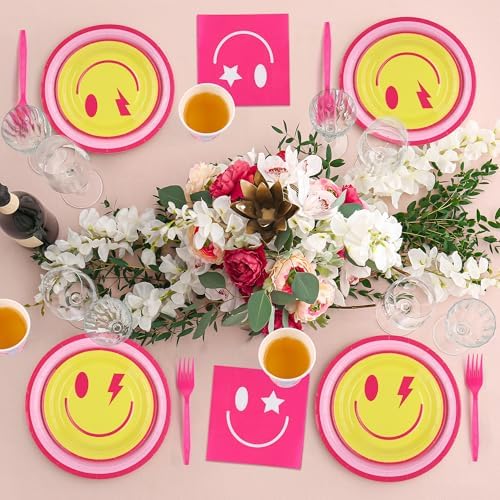 Kochorie 144 Pieces Preppy Smile Party Tableware Sets Including Disposable Plates Napkins Cups Forks Serves 24 for Smile Face Party Birthday Baby Shower Decor Party Supplies - Image 5