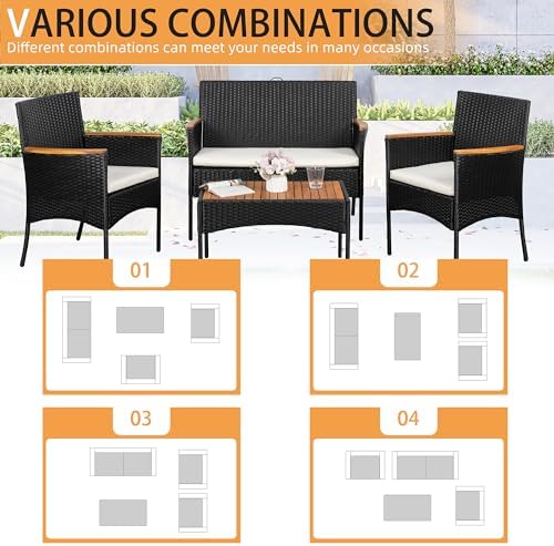 Shintenchi 4-Piece Patio Furniture Set, Outdoor Wicker Patio Conversation Furniture Set with Cushions and Wooden Tabletop for Paito Lawn Backyard Pool Garden, Black Rattan - Image 2