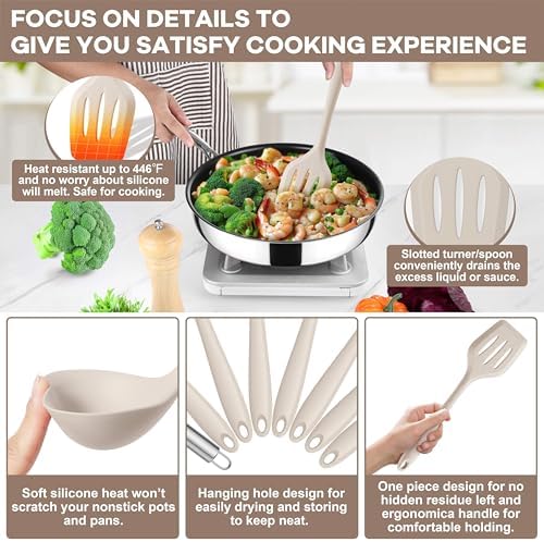 TeamFar Silicone Cooking Utensils Set, 8 PCS Kitchen Utensils Set, Khaki - Image 3