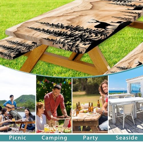 Picnic Table Cover with Bench Covers Camping Essentials Rustic Hunting Deer Forest Waterproof Windproof Camping Tablecloth Fitted Tablecloth Cover with Elastic Edge for Indoor Outdoor 3 PCS 30x60 Inch - Image 3
