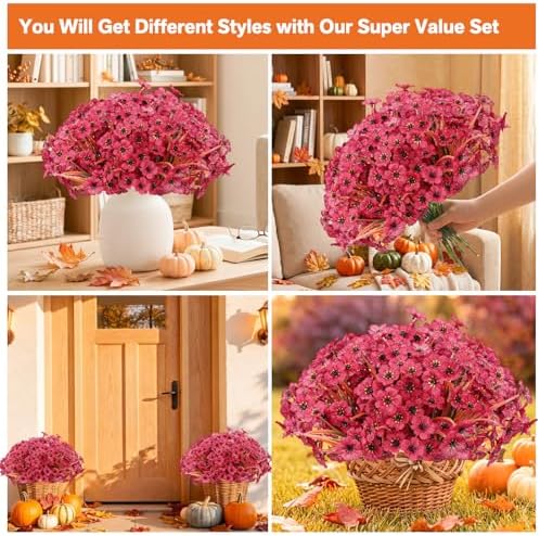 Powbrace 22 Pack Artificial Fall Flowers Mums for Outdoor Indoor(Dark Red) - Image 3