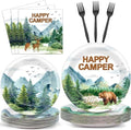 Camping Party Plates Napkin Happy Camper Dinnerware Camping Adventure Themed Birthday Party Tableware Set Disposable Fork Supplies for Boys Girls Tournament Birthday Decorations Serve 24 by Naozinebi