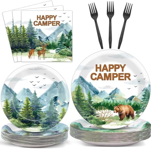 Camping Party Plates Napkin Happy Camper Dinnerware Camping Adventure Themed Birthday Party Tableware Set Disposable Fork Supplies for Boys Girls Tournament Birthday Decorations Serve 24 by Naozinebi
