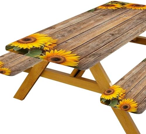 Sunflower Picnic Table Cover with Bench Covers, Waterproof Windproof, Camping Essentials, Fitted Tablecloth Cover with Elastic Edge, for Indoor & Outdoor, Garden, Camping, 3 Pieces Set, 30x96 Inch - Image 2