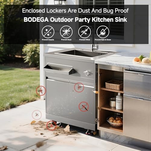 BODEGA Stainless Steel Outdoor Kitchen Sink Cabinet, Outdoor Sink With Hose Hook Up,Single Bowl Kitchen Sinks With Brake Wheels & Spice Rac, All-Weather Use, Mobile Prep Station for BBQ, Camping, RV. - Image 6