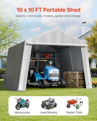 VEVOR Outdoor Storage Shed, 10 x 10 ft Portable Storage Tent with Roll-up Door & Vents, Waterproof Canopy Shed Shelter, Heavy Duty Frame, Patio Garage Carport for Motorcycle, Lawn Mower, Bike, Grey - Image 2