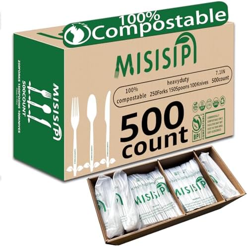 MISISIPI Compostable Forks Spoons Knives Silverware Utensil set Extra Heavyduty Eco-friendly BPI Certified Disposable Plastic free Utensils Cutlery Set Flatware Tableware (Cutlery Set-500) by MISISIPI