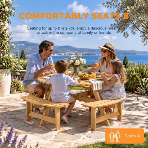 8 Person Wooden Picnic Table, Outdoor Round Picnic Table with 4 Built-in Benches, Umbrella Hole, Outside Table and Bench Set for Patio, Backyard, 500lbs Capacity Per Bench (Nature - 8 Person) - Image 6