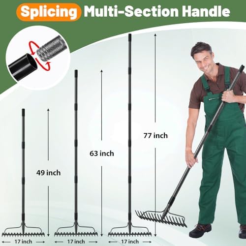 Garden Rake, 63 Inch Long Handle with 17 Tongs, Heavy Duty Metal Bow Rake for Loosening Leveling Soil, Garden Leaf Rake for Raking Leaves Grass , Weeding, Metal Yard Thatch Lawn Care Garden Tool - Image 4