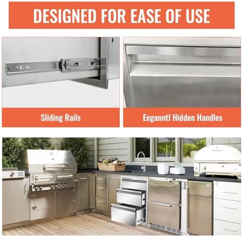 Outdoor Kitchen Drawers 18" W x 23" H x 23" D Flush Mount Triple BBQ Drawers Stainless Steel Drawer with Hidden Handle for Outdoor Kitchen Island Patio Grill Station - Image 4