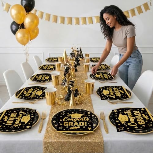 100 Pcs Graduation Party Supplies Set, Serves 25 – Disposable Black and Gold Graduation Paper Plates, Napkins, and Forks, Congrats Grad Dinnerware for Class of 2026, Prom Party Decorations - Image 5