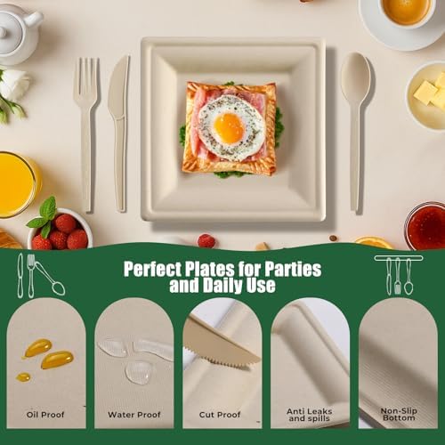 300Pcs Disposable Paper Plates Set, Compostable Plate Sugarcane Utensils Eco Friendly Dinnerware Kit Includes 50 Biodegradable Plates, Forks, Knives Napkins and Spoons for Brithday Party Camping - Image 4