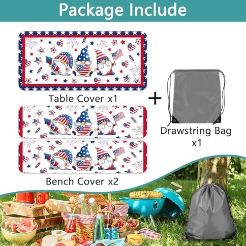 4th of July Picnic Table Cover with Bench Covers, Camping Essentials, Patriotic American Flag Gnomes Stars Table Cover Waterproof Fitted Tablecloth Cover with Elastic Edge for Outdoor 3 PCS 30x72 Inch - Image 7