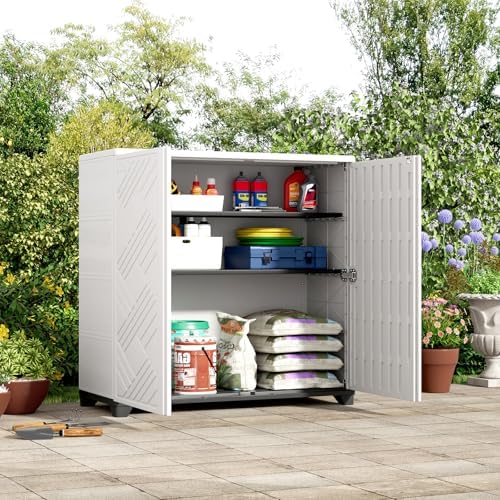 ZZM Indoor/Outdoor Storage Cabinet Waterproof, 34"x15"x34" Plastic Outdoor Storage Box for Garden Balcony Bathroom, All Weather Outdoor Storage Clearance, DIY Usage, with 2 Shelf (White) - Image 2