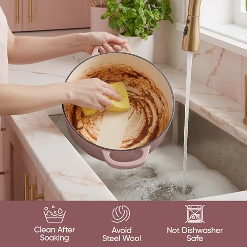 Vintage Style 4.5 Quart Dutch Oven Pot with Lid, Non Stick Enameled Cast Iron Dutch Oven for Bread Baking, Heavy-Duty, Oven Safe Ceramic Cookware Up to 500°F for Baking, Braising, Stews, Roasting, Pink - Image 6