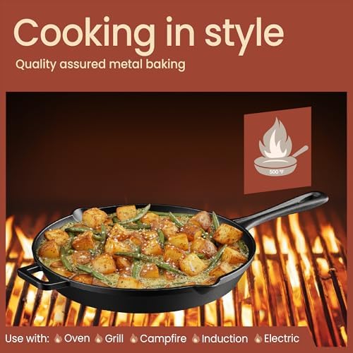 Bakken 12" Cast Iron Skillets, Pre-Seasoned Frying Pan with Even Heat Retention Cooking, Versatile for Stove, Oven, Grill & Campfire, Easy-Grip Handles, Hand Wash Only, 6.61 lbs - Image 3