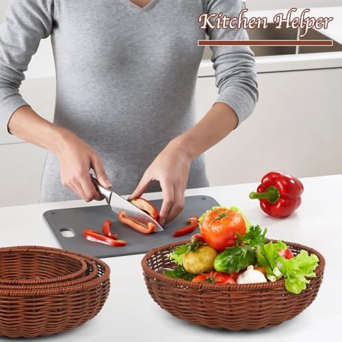 Imitation Wicker Bread Basket, 3 Pack Woven Rattan Basket Round Woven Baskets Woven Breads Baskets For Serving Vegetables, Kitchen, Restaurant, Outdoor, 3 Sizes (Brown) - Image 5