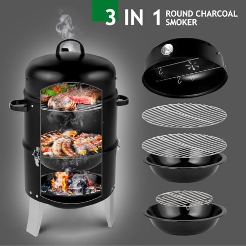Outvita Vertical 18.5 Inch Steel Charcoal Smoker, 3-in-1 Portable Grill - Image 2