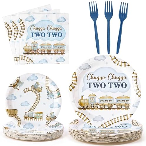 96Pcs Chugga Chugga Two Two Watercolor Train 2nd Year Old Retro Birthday Party Plates Supplies - Party Tableware Decoration Disposable Paper Plate Napkin Fork for Birthday, Serves 24 by G1ngtar