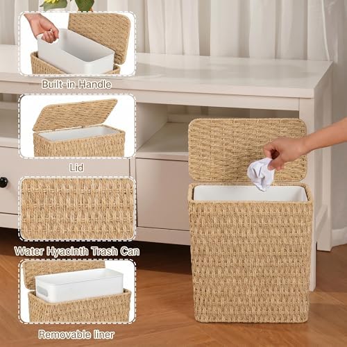iEGrow Paper Rope Trash Can,Bathroom Trash Can with Lid, 3 Gallon Wicker Waste Basket with Removable Liner, for Bedroom, Living Room, Toilet, Under Sink Natural - Image 3