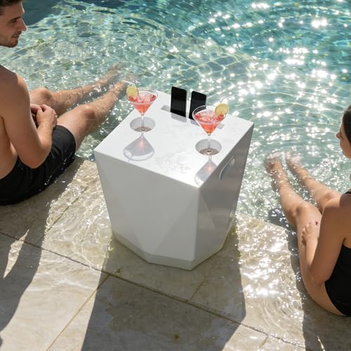Modern Assemble-Free Outdoor Side Table, Pool Side Table for Inside Pool or on Patio, Lounger Table with 2 Cup Holders * 1 Tablet Holder, White - Image 2