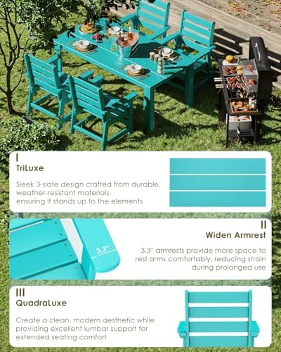 GREENVINES 7-piece Outdoor Dining Set, HDPE Table & 6 Chairs, Aqua - Image 6