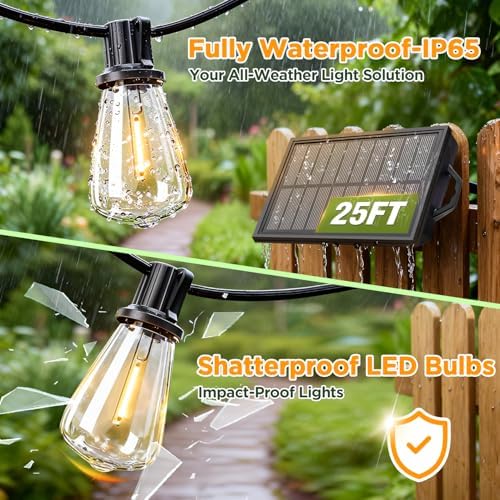 Solar String Lights Outdoor Waterproof with Remote & Timer, LED Shatterproof ST38 Bulbs, USB & Solar Powered Patio Lights for Backyard, Porch, Garden, Wedding, Christmas Decor (25FT) - Image 4